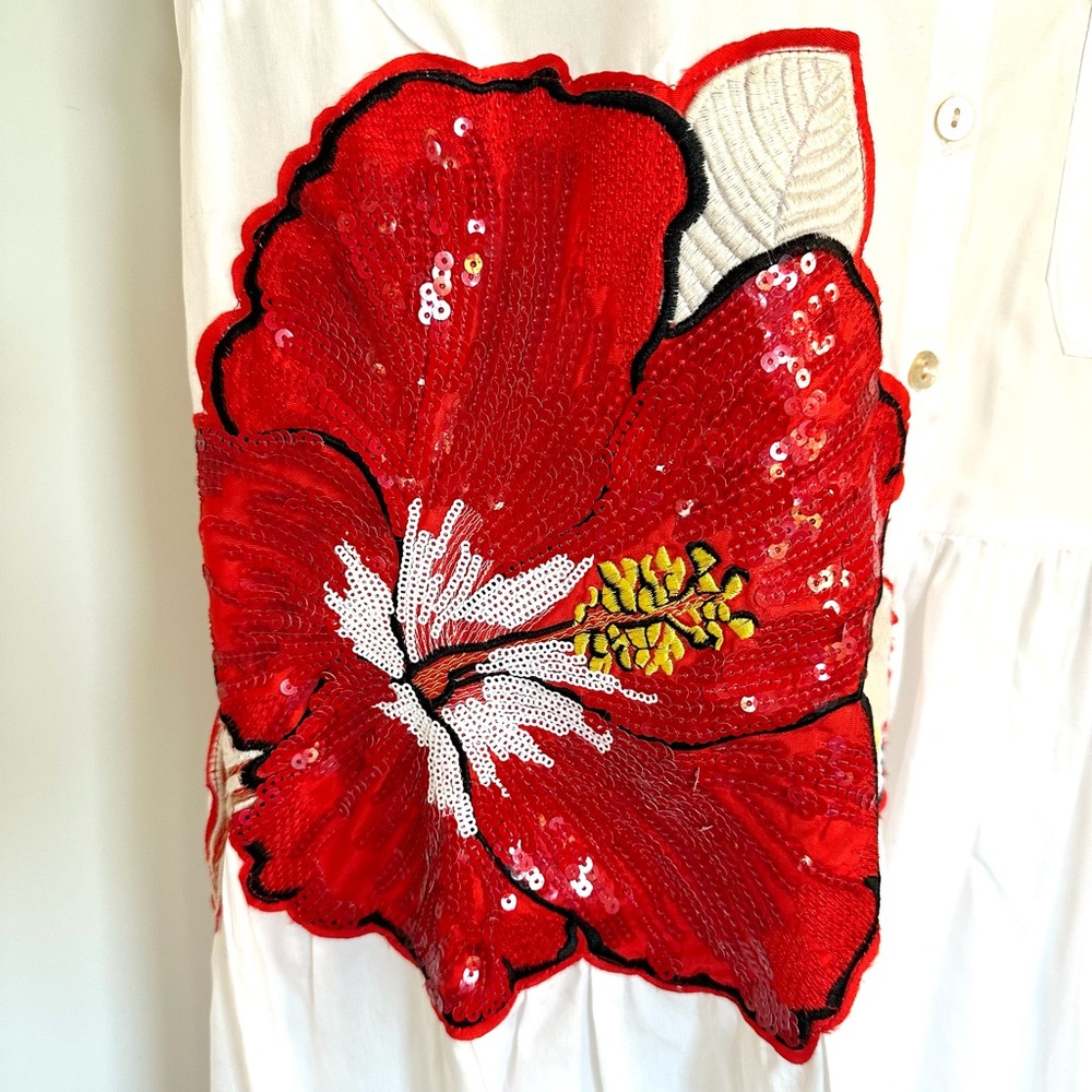 NWT Imperial White Cotton Dress with Red Sequins Floral Detailing.